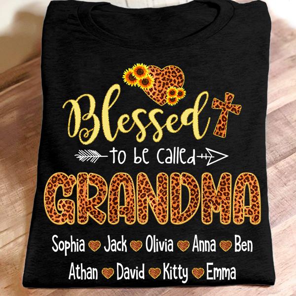 Personalized T-Shirt For Christian Blessed To Be Called Grandma Christ Cross Sunflower Printed Custom Grandkids Name