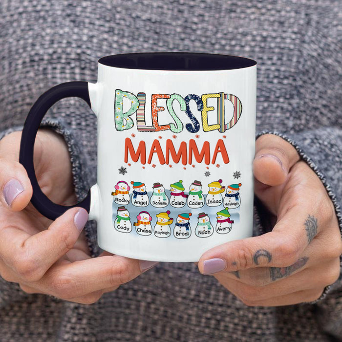 Personalized Coffee Mug Gifts For Grandmother Blessed Mama Cute Snowman Custom Grandkids Name Accent Cup For Christmas