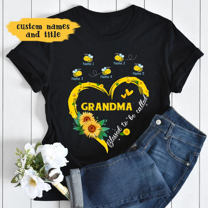 Personalized T-Shirt For Grandma Blessed To Be Called Nana Sunflower Heart *& Cute Bees Printed Custom Grandkids Name