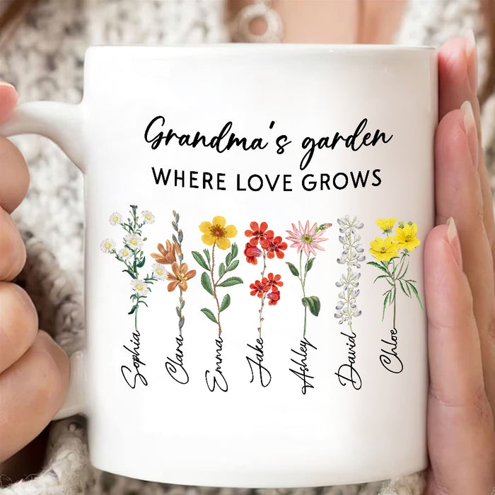 Personalized Coffee Mug Grandma's Garden Where Love Grows Flower Custom Grandkids Name Gifts For Grandma Mothers Day Cup