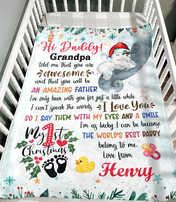 Personalized Blanket For New Dad From Kids Say With My Eyes And Smile Cute Elephant Custom Name Gifts For 1st Christmas