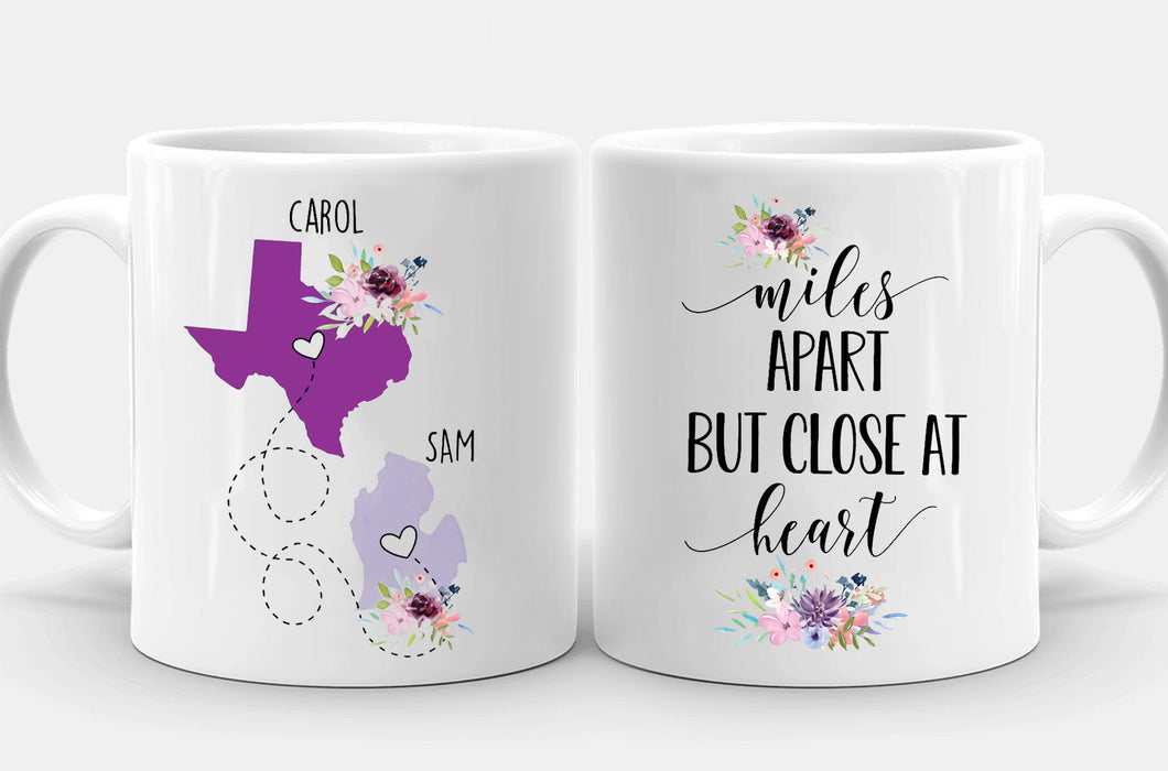 Personalized Coffee Mug For Family Miles Apart But Close At Heart Floral Custom Name White Cup State To State Gifts