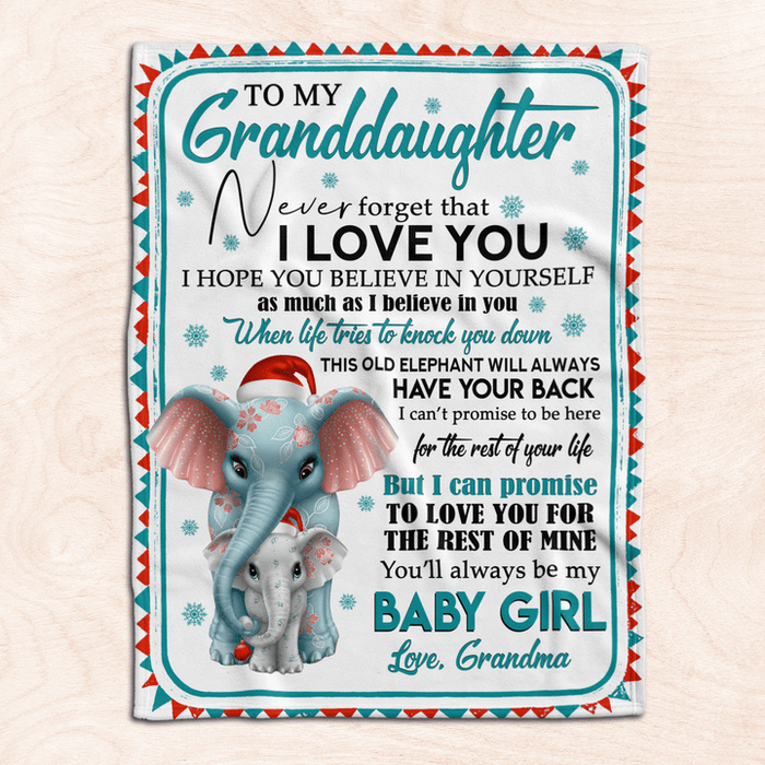 Personalized To My Granddaughter Blanket From Grandma Never Forget That I Love You Cute Elephant With Santa Hat Printed