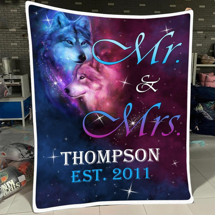 Personalized Fleece Blanket To Husband And Wife Mr And Mrs Blue Purple Wolf Couple Sherpa Blanket Custom Name And Year