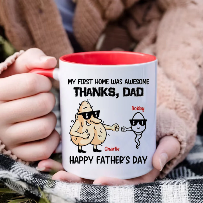 Personalized Accent Mug For Bonus Dad My First Home Funny Sack & Sperm Fist Bump Custom Kids Name 11 15oz Cup