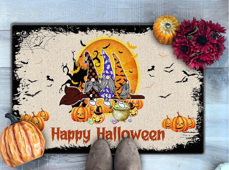 Welcome Doormat Happy Halloween Cute Gnomes Flying On Broom With Funny Pumpkin And Bat Printed Witch Gnome Doormat