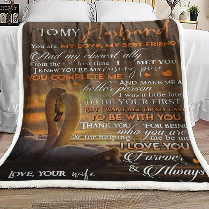 Personalized Romantic Blanket To My Husband You Are My Love Swan Couple On The Sunset Custom Name Valentine Blankets