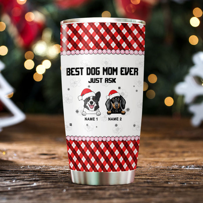Personalized Tumbler For Dog Owner Red Argyle Pattern Best Dog Mom Ever Custom Name Travel Cup Gifts For Christmas