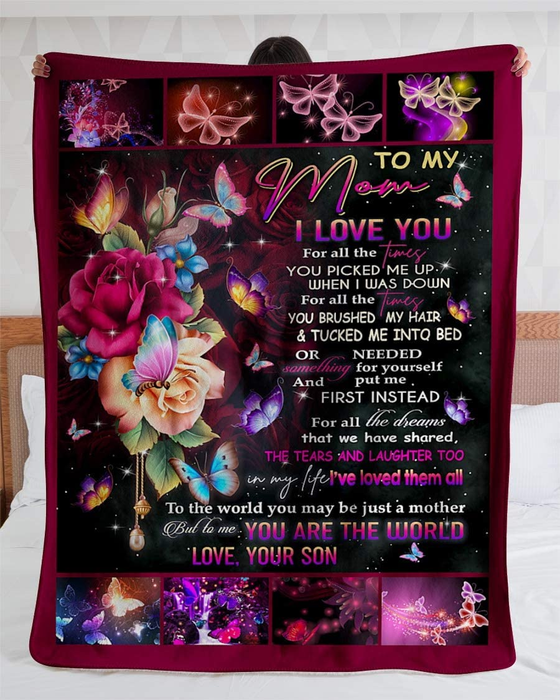 Personalized Fleece Blanket To My Mom From Son Corlorful Butterflies Night & Flower Design Print Customized Name