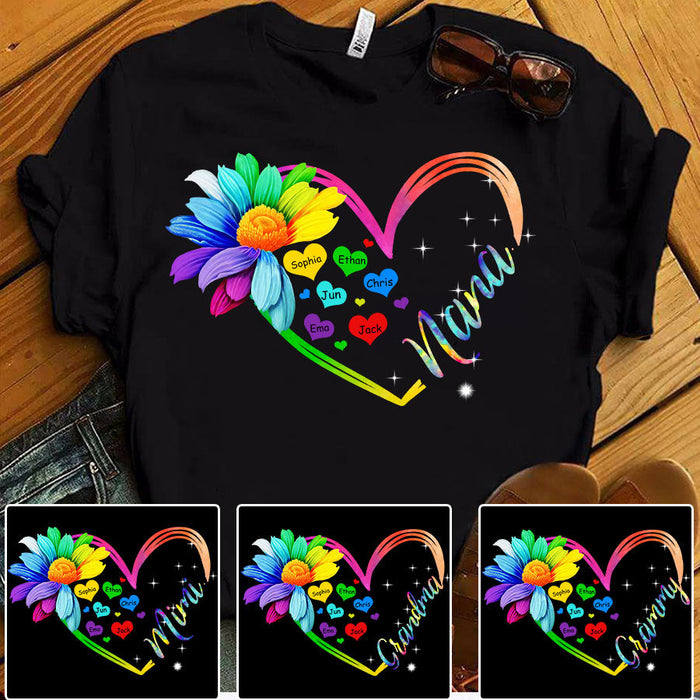 Personalized T-Shirt For Grandma Nana Flower Heart Colorful Design Custom Grandkids Name Mothers Day Shirt