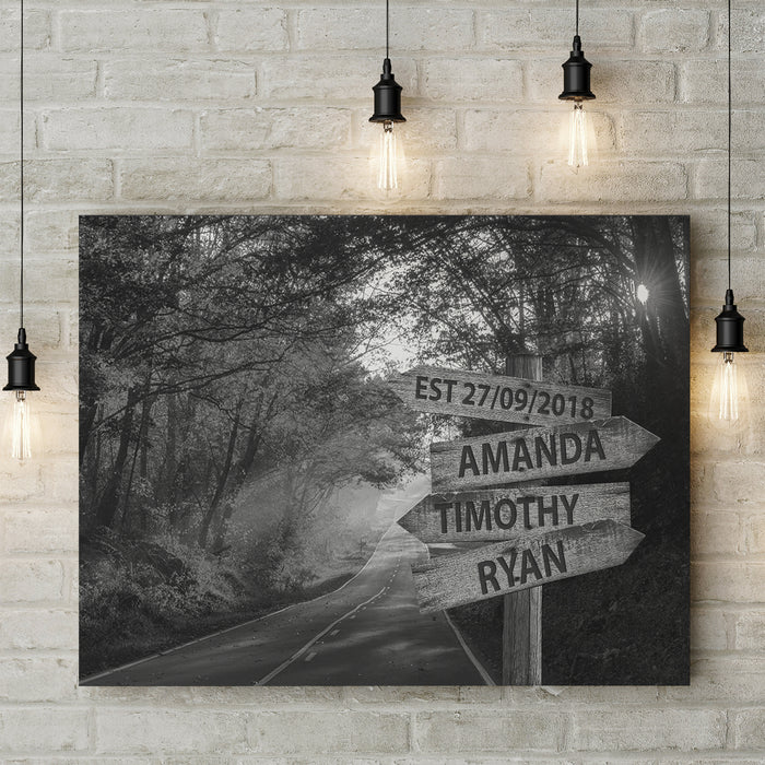 Personalized Wall Art Canvas For Family Black And White Forest Street Sign Poster Print Custom Multi Name & Date