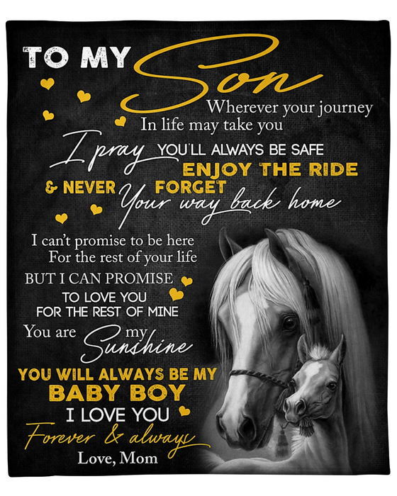 Personalized Black Fleece Sherpa Blanket Print Horse To My Son From Mom Custom Name You Will Always Be My Baby Boys