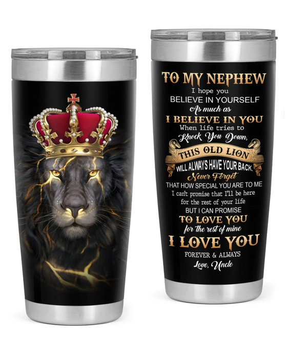 Personalized To My Nephew Tumbler Diadem Lightning Old Lion Cross Custom Name Travel Cup Gifts For Christmas Xmas