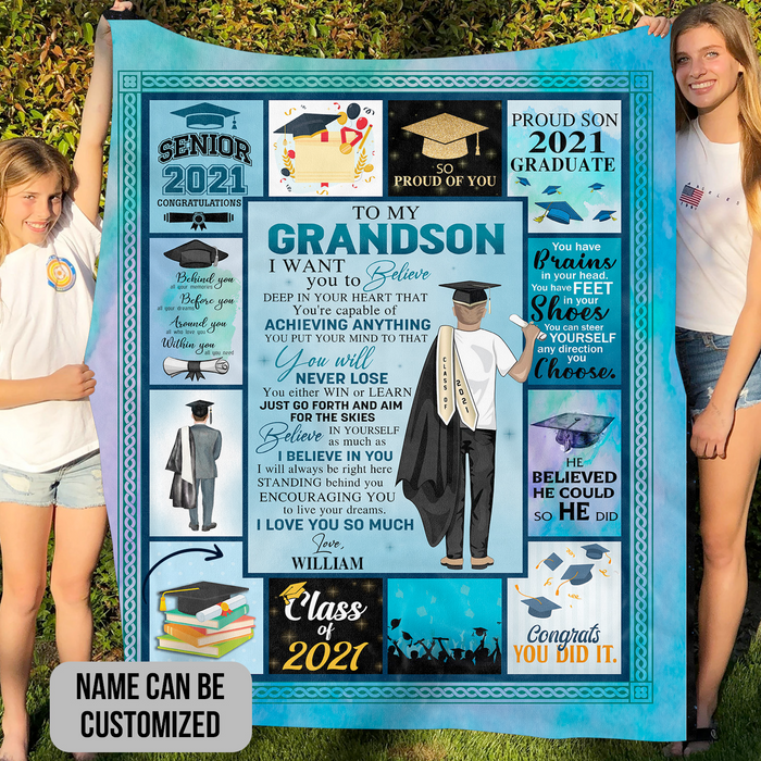 Personalized Graduation Blanket To My Grandson From Grandparent Blue Design Senior 2022 Congratulation Custom Name