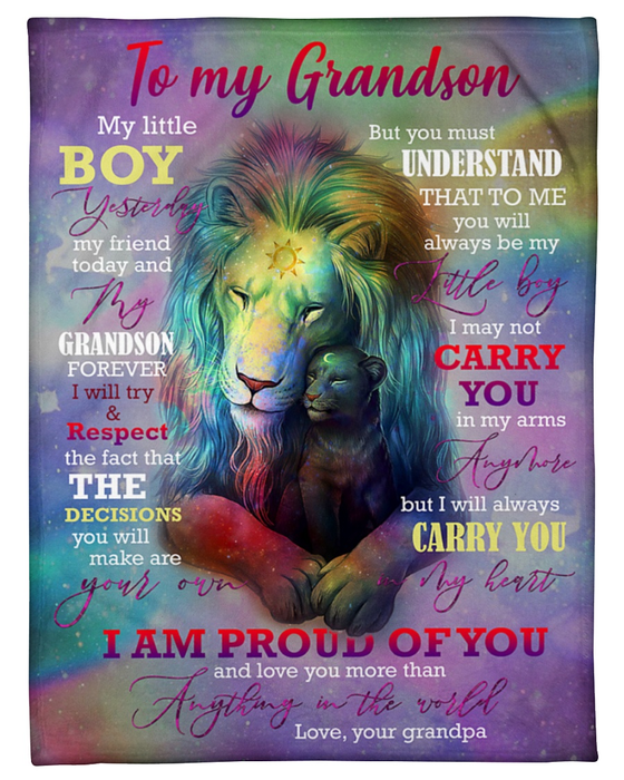 Personalized Blanket To My Grandson From Grandpa Proud Of You Colorful Old And Baby Lion Printed Custom Name
