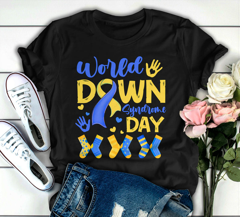 Classic Unisex T-Shirt For Men Women World Down Syndrome Day Blue & Yellow Ribbon Handprint & Socks Printed