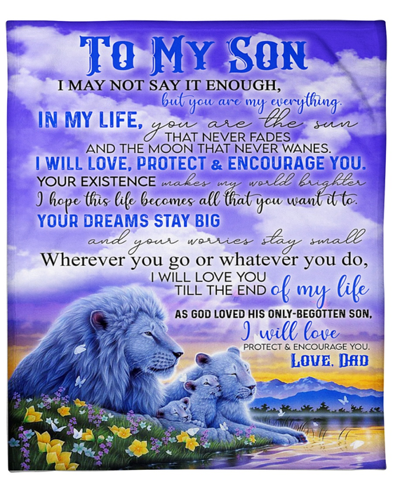 Personalized To My Son Blanket From Dad And Mom Lion Family Printed Blue Cloudy Sky Background Custom Name