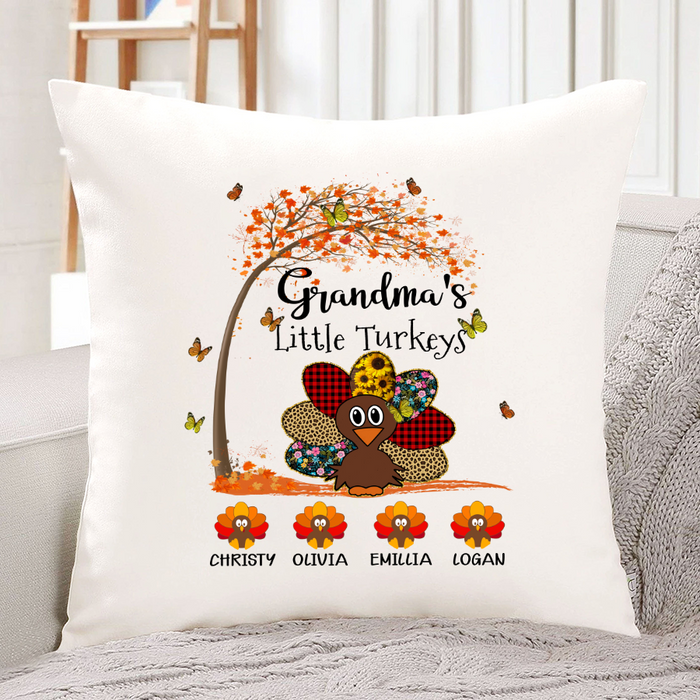 Personalized Square Pillow For Grandma Autumn Leaves Little Turkey Custom Grandkids Name Sofa Cushion Christmas Gifts