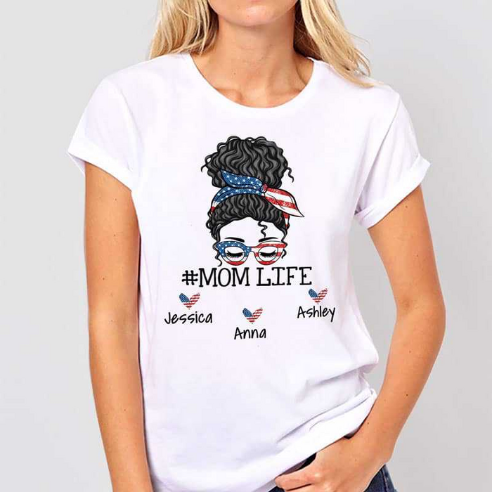 Personalized T-Shirt For Mom Messy Bun Hair Women American Heart Printed Hashtag Mom Life Custom Kids Name
