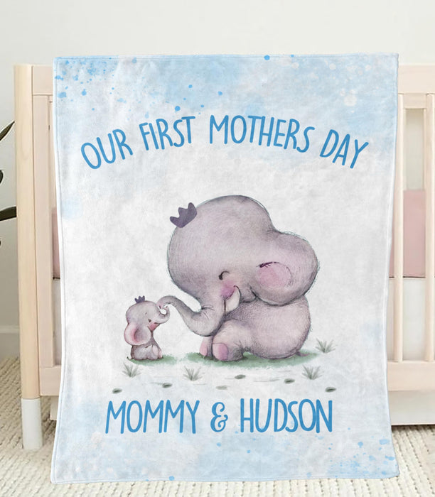 Personalized Premium Blanket For New Mom Our First Mother'S Day Mommy & Son Cute Elephant & Baby Printed Custom Name