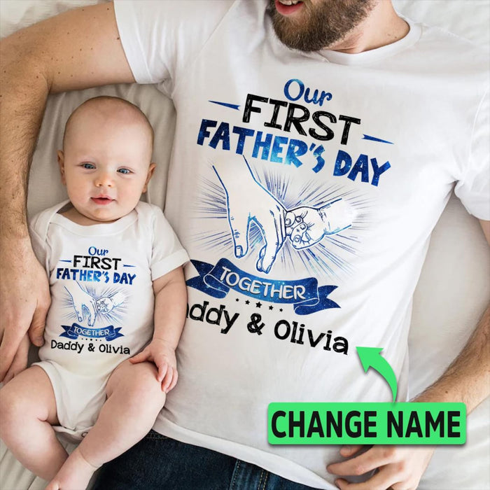 Personalized Matching T-Shirt & Baby Onesie Our First Father's Day Funny Hand In Hand Custom Name Daddy & Baby Set
