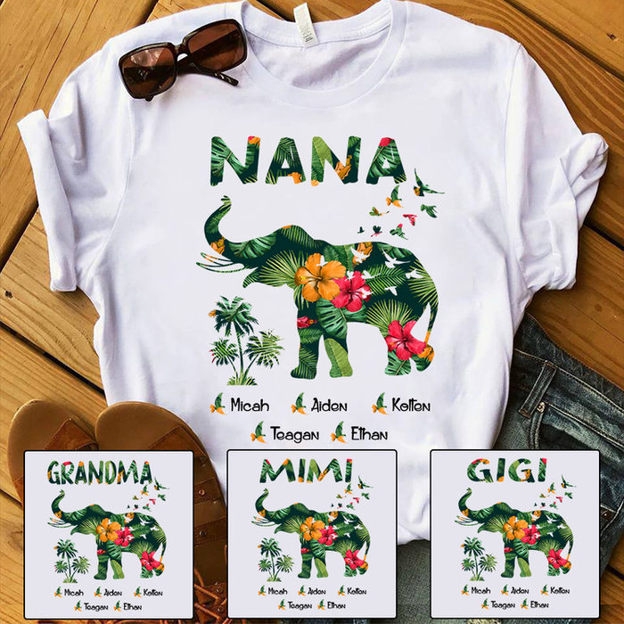 Personalized T-Shirt For Grandma Nana Elephant & Birds Printed Tropical Plant Flower Shirt Custom Grandkids Name