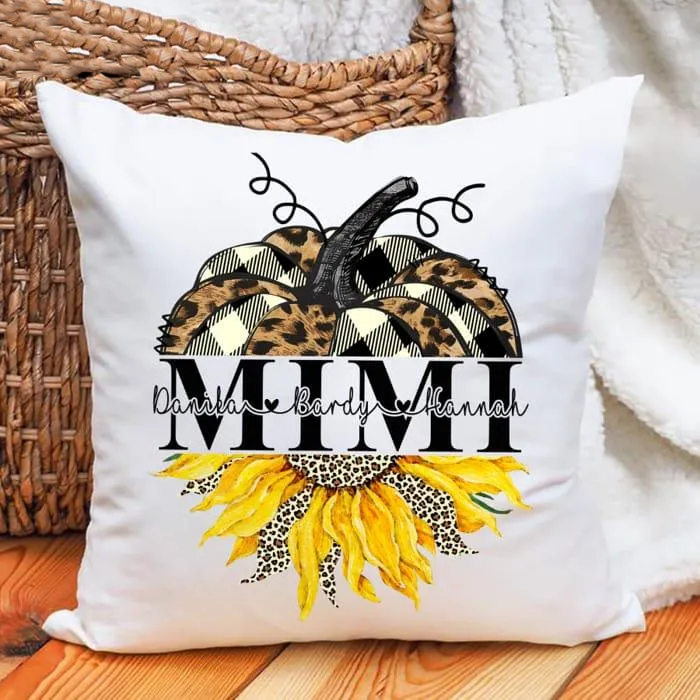 Personalized Square Pillow For Grandma Leopard Pumpkin Sunflower Fall Custom Grandkids Name Sofa Cushion Birthday Gifts