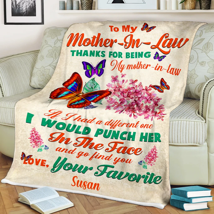 Personalized Rustic Blanket To My Mother In Law Prints Colorful Butterfly & Flower Custom Name Blanket For Mothers Day