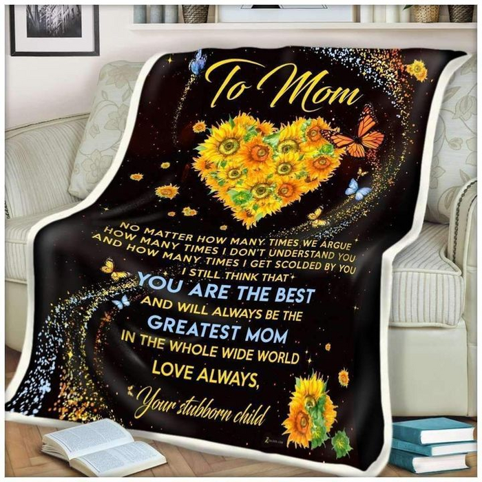 Personalized Black Blanket To My Mom From Daughter Son Butterfly & Sunflower In Heart Prints Custom Name Blanket