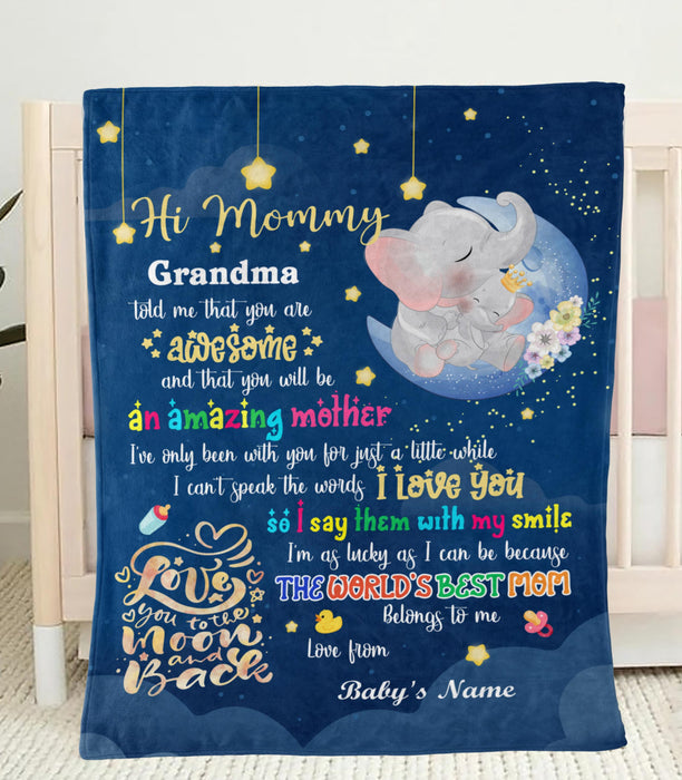 Personalized To My Mommy Blanket From Newborn Baby Love You To The Moon And Back Hugging Elephant Printed Custom Name