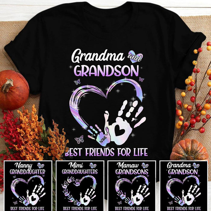 Personalized T-Shirt Grandma And Grandson Best Friends For Life Cute Handprints Heart & Butterfly Printed Custom Name