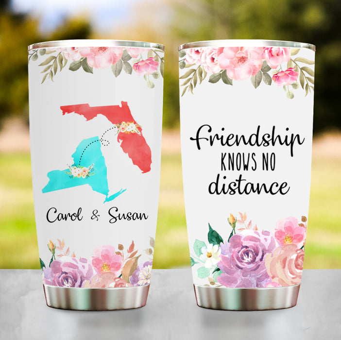 Personalized Tumbler For Best Friend Long Distance Gifts Friendship Know No Distance Floral Map Custom Name Travel Cup