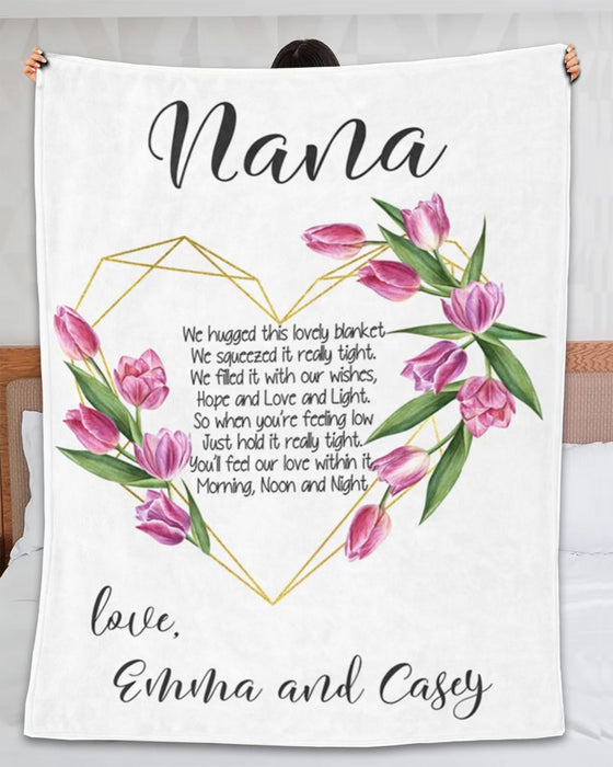 Personalized To My Grandma Blanket From Grandkids Nana Pink Flower With Heart Shape Custom Name Gifts For Birthday