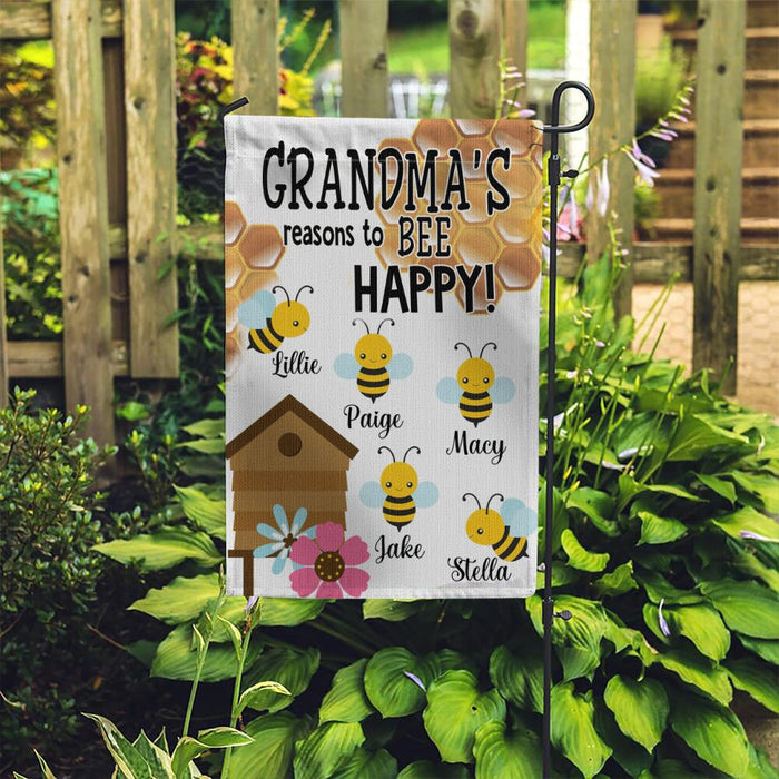 Personalized Garden Flag For Grandma Reasons To Bee Happy Flower & Bees Custom Grandkids Name Welcome Outdoor Flag Gifts