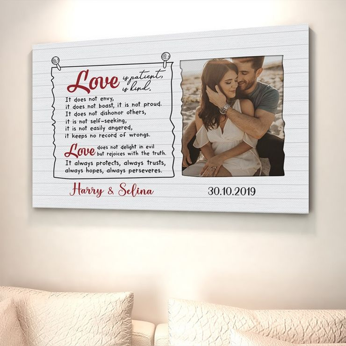 Personalized Canvas Wall Art For Couples Love Is Patient Is Kind Romantic Quotes Custom Name & Photo Poster Prints Gifts