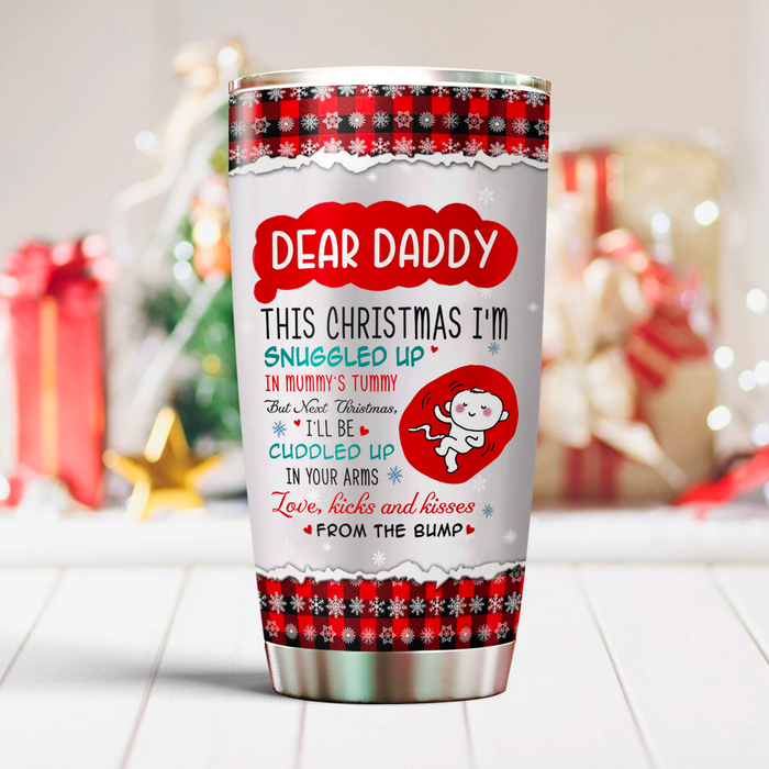Personalized Tumbler Gifts For 1st Time Dad Red Plaid Snowflake Baby Cute Custom Name Travel Cup For First Christmas
