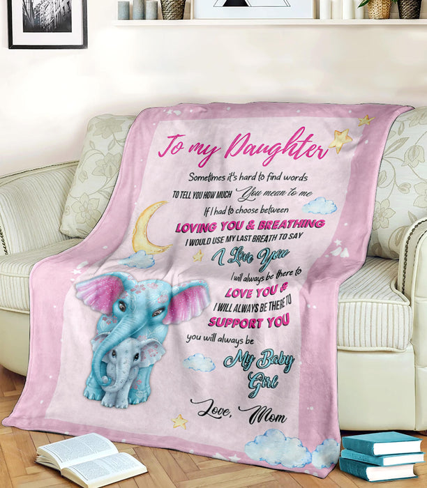 Personalized To My Daughter Blanket From Mom Sometimes It'S Hard To Find Words Cute Elephant Printed Pink Blanket