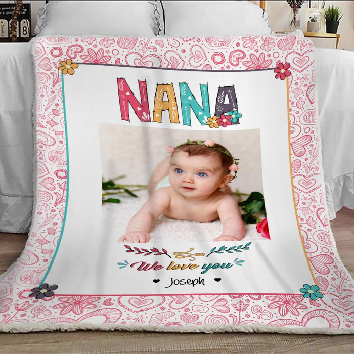 Personalized To My Grandma Blanket From Grandkids Nana Cute Pink Heart Flowers Custom Name Gifts For Christmas Birthday