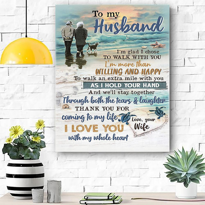 Personalized To My Husband Canvas Wall Art Gifts From Wife Old Couple Sea Turtle On The Beach Custom Name Poster Prints