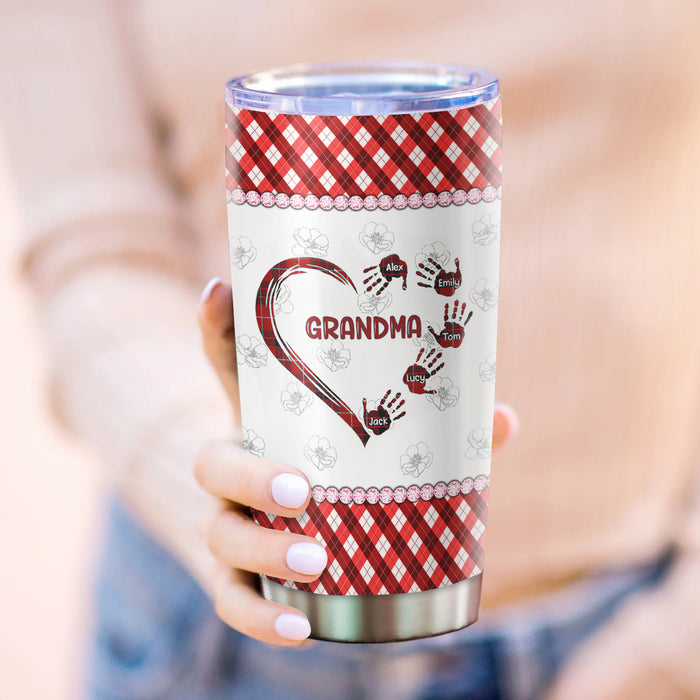 Personalized Tumbler Gifts For Grandma Handprints Heart Red Plaid Custom Grandkids Name Travel Cup For Christmas