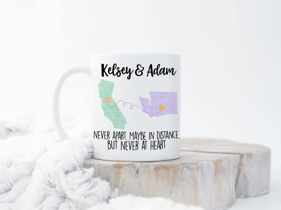 Personalized Coffee Mug For Besties Apart Maybe In Distance Never At Heart Custom Name White Cup State To State Gifts