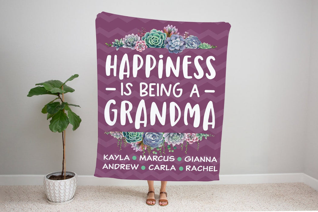 Personalized Blanket For Grandma Happiness Is Being A Grandma Succulent Garden Printed Custom Grandkids Name