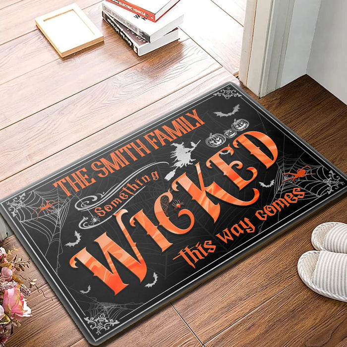 Personalized Welcome Doormat Something Wicked This Way Comes Flying Witch & Pumpkin Lantern Printed Custom Family Name