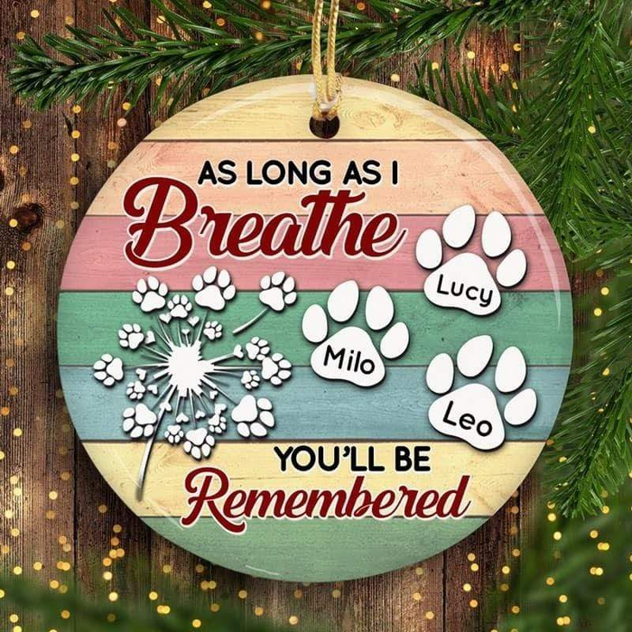 Personalized Memorial Ornament As Long As I Breathe You'll Be Remembered Paw Prints Colorful Design Custom Dog's Name