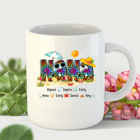 Personalized Ceramic Coffee Mug For Grandma Leopard Style Beach Design Custom Grandkids Name 11 15oz Summer Cup