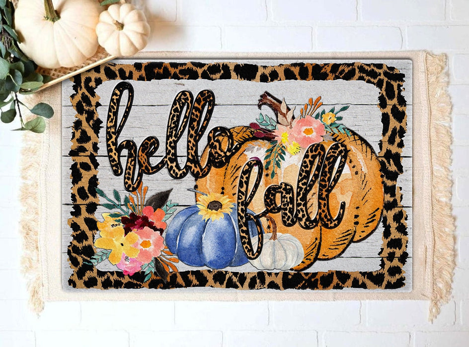 Welcome Doormat For Fall Lovers Hello Fall Cute Pumpkin With Sunflower Printed Leopard Design Wooden Background Doormat