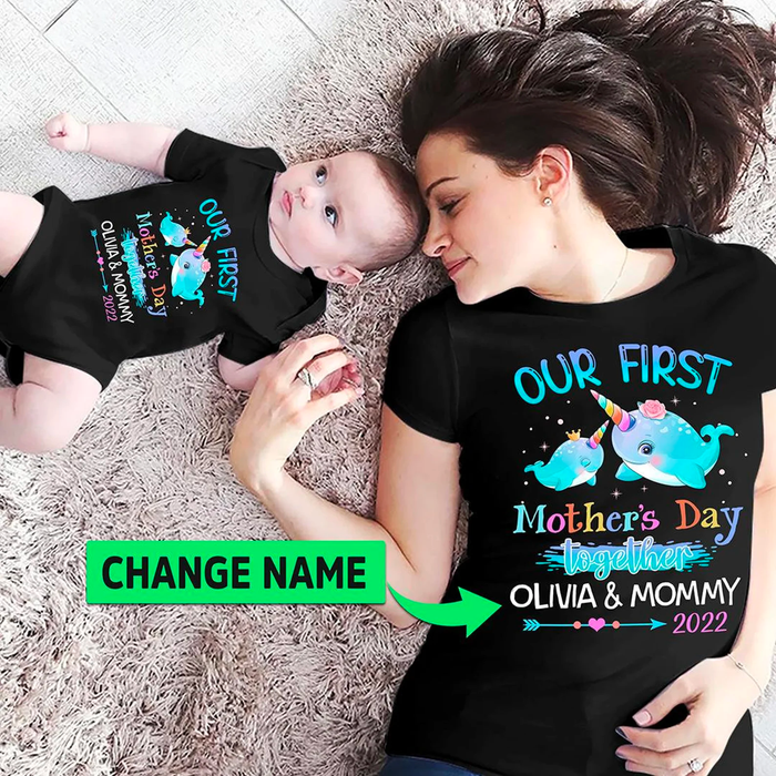 Personalized Matching T-Shirt & Baby Onesie Our First Mother'S Day Cute Narwhale & Arrow Printed Custom Name