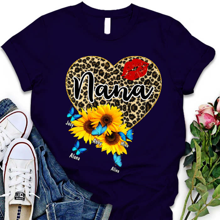 Personalized T-Shirt For Grandma Nana Heart Sexy Lip Sunflower & Butterfly Printed Custom Grandkids Name