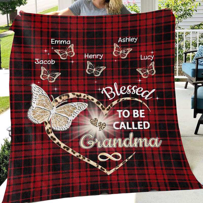 Personalized Blanket Blessed To Be Called Grandma Leopard Heart Butterfly Printed Red Plaid Design Custom Grandkids Name