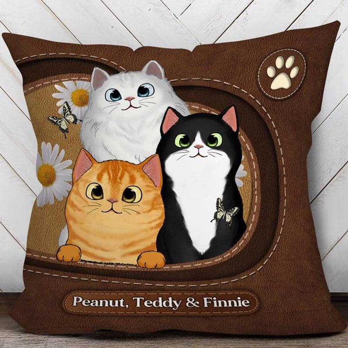 Personalized Square Pillow Gifts For Cat Owners Fluffy Cats Lea Pattern Daisy Custom Name Sofa Cushion For Christmas